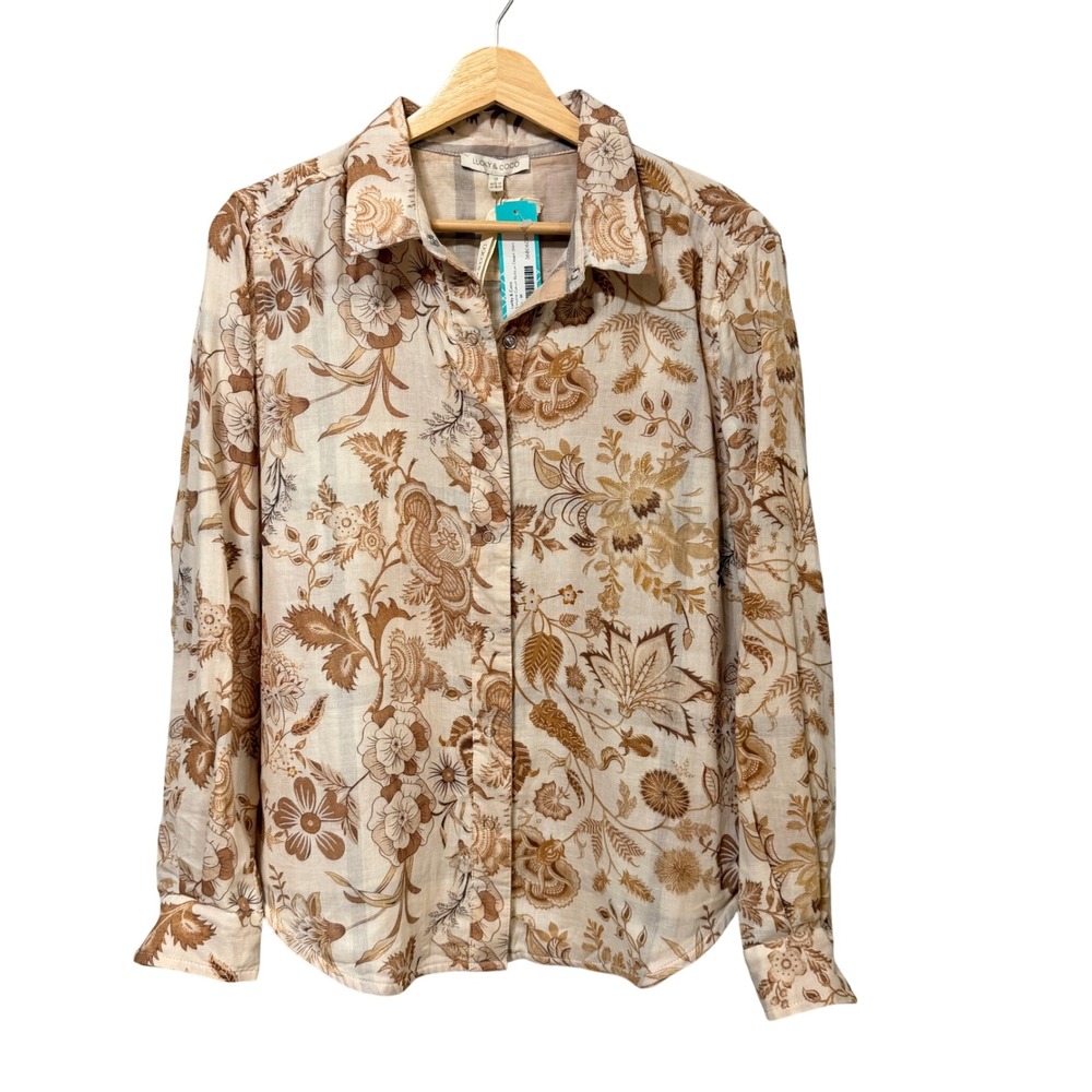 Lucky & Coco Womens Cotton Gauze Floral Button Down Shirt Tan Brown Medium NEW